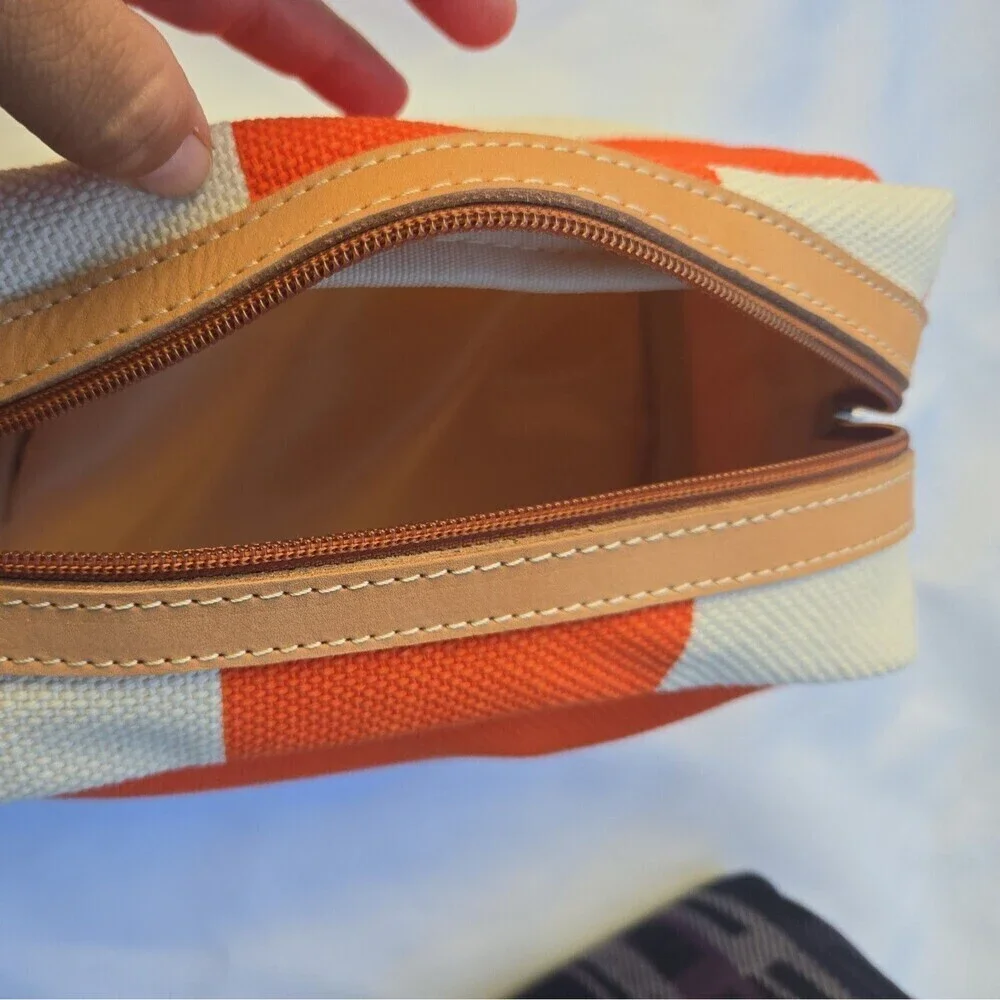 Bonfanti Borse Cotton W Leather Trim Toiletry Makeup Cosmetic Travel Bag orange